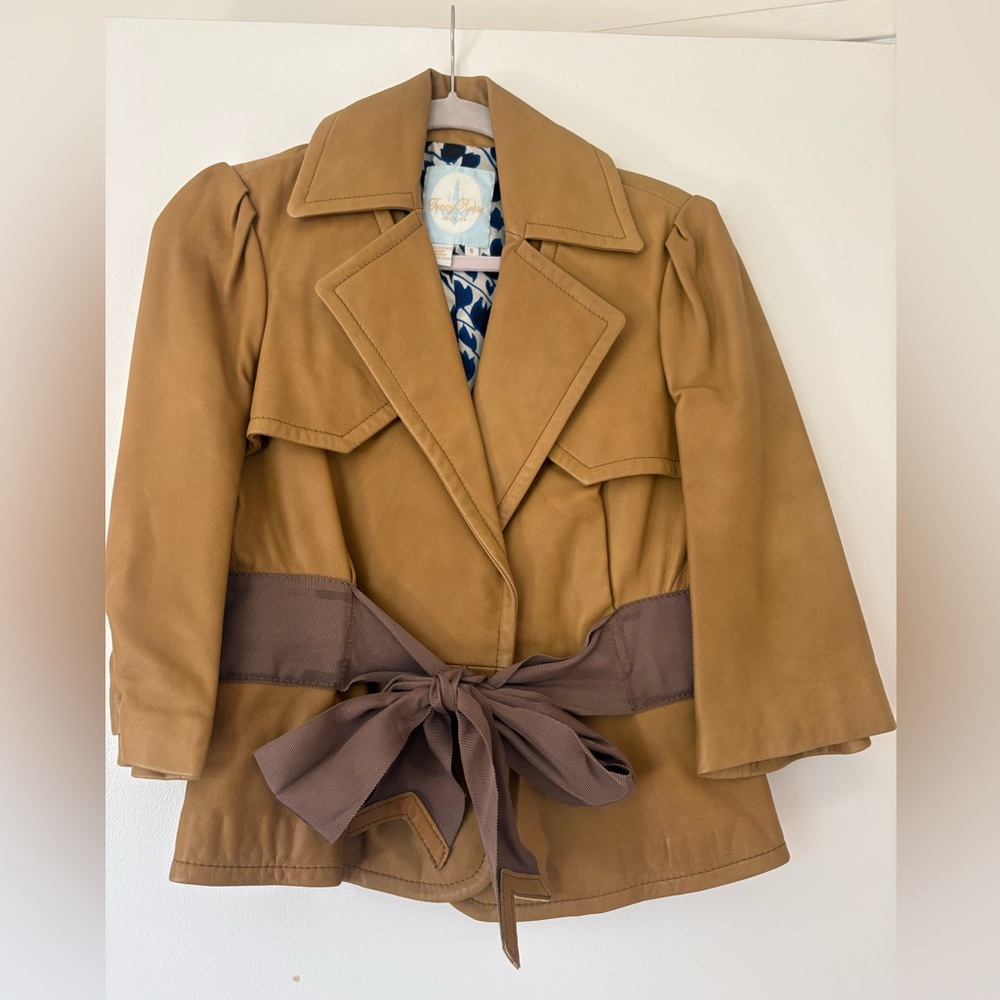 Tracy Reese Tan leather Jacket with wide grosgrain belt with leather trim
